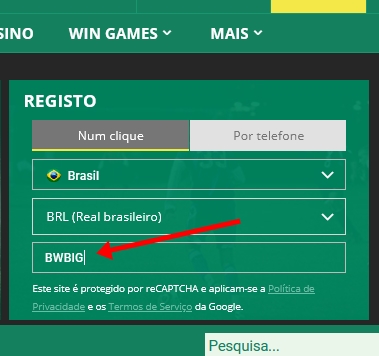 Formulário de inscrição no BetWinner