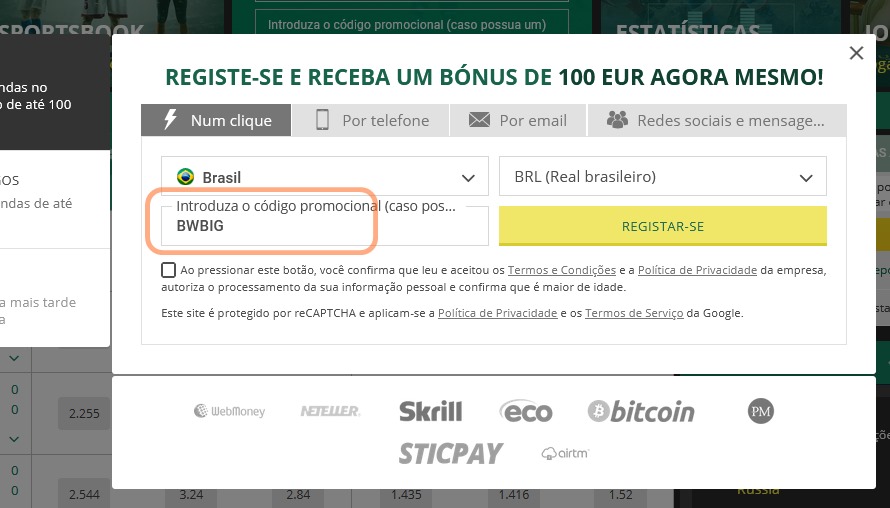 Formulário de inscrição no BetWinner