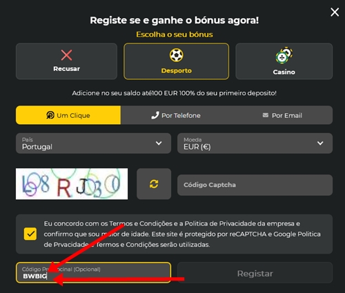 Formulário de inscrição no BetWinner