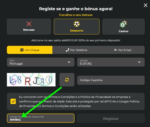 Formulário de inscrição no BetWinner