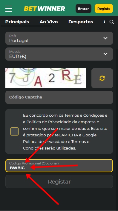 Formulário de inscrição no BetWinner