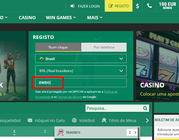Formulário de inscrição no BetWinner