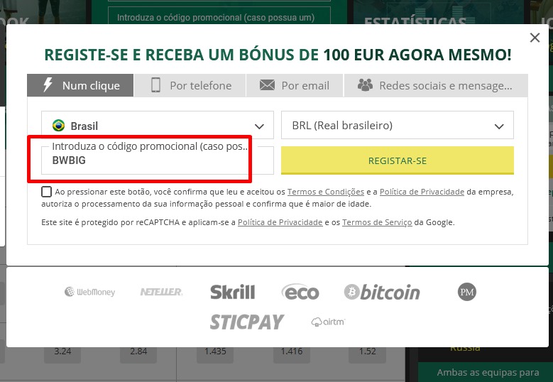 Formulário de inscrição no BetWinner