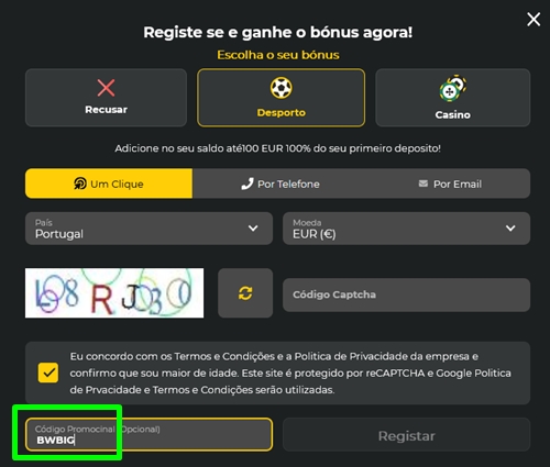 Formulário de inscrição no BetWinner