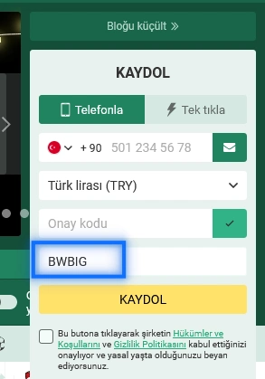 BetWinner kayıt formu