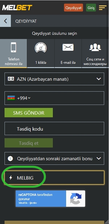 Melbet-də qeydiyyat forması