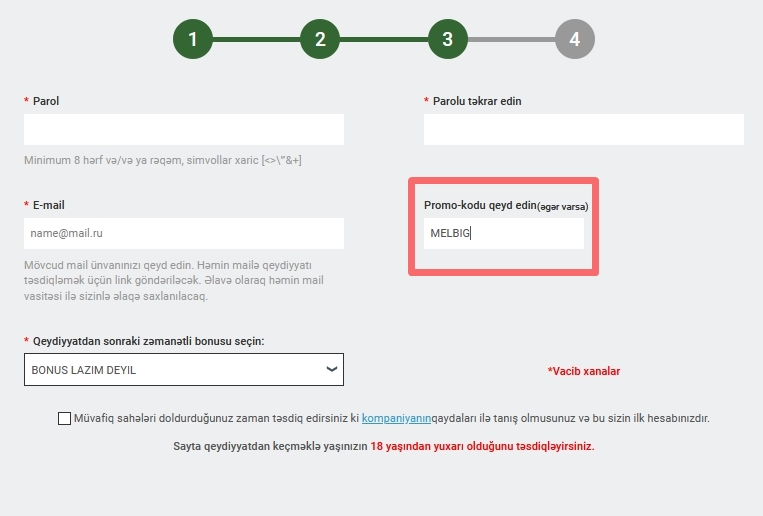 Melbet-də qeydiyyat forması