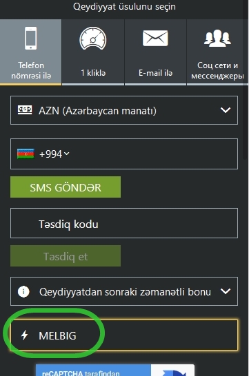 Melbet-də qeydiyyat forması