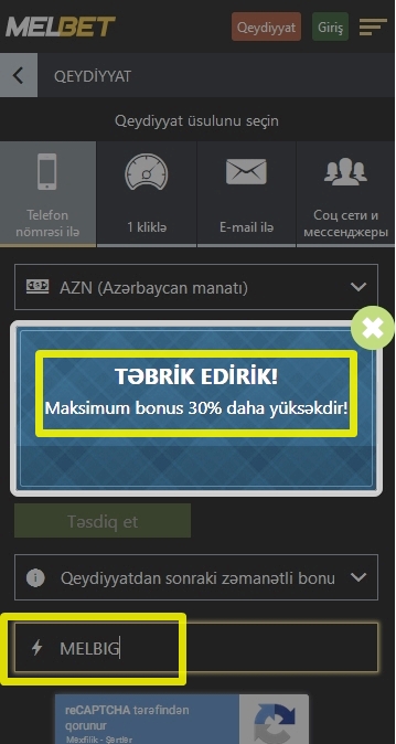 Melbet-də qeydiyyat forması