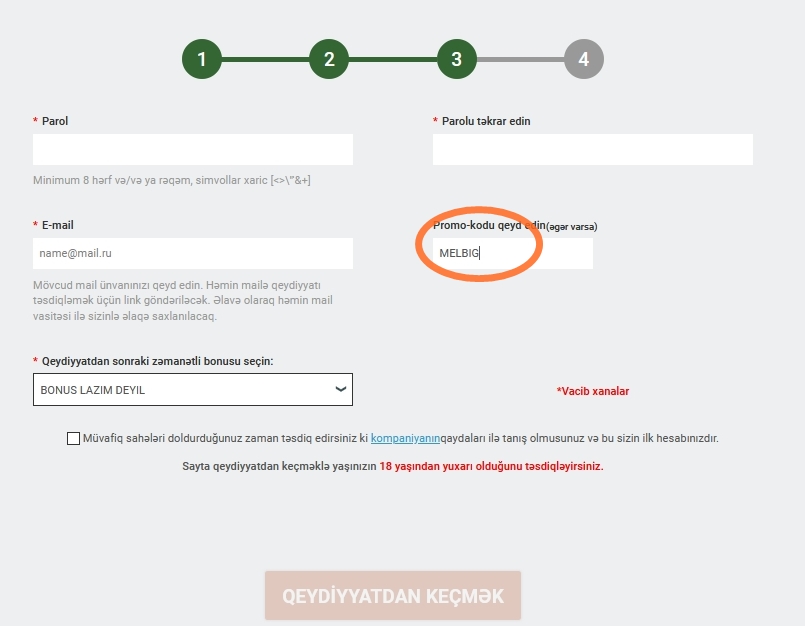 Melbet-də qeydiyyat forması