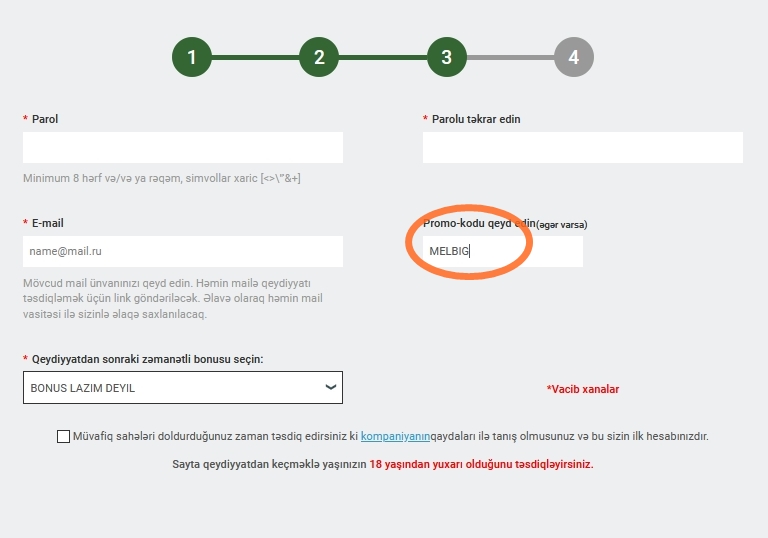Melbet-də qeydiyyat forması