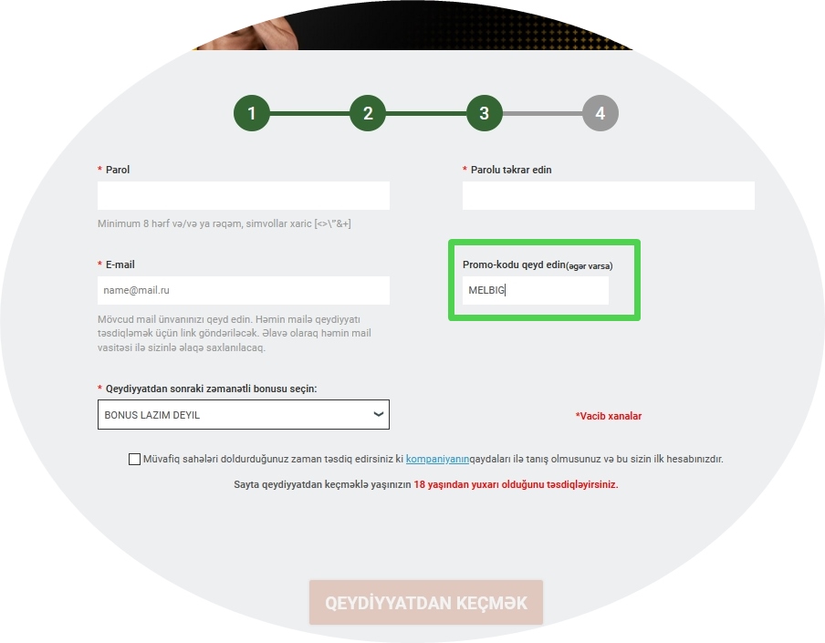Melbet-də qeydiyyat forması