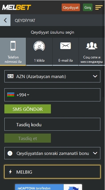 Melbet-də qeydiyyat forması