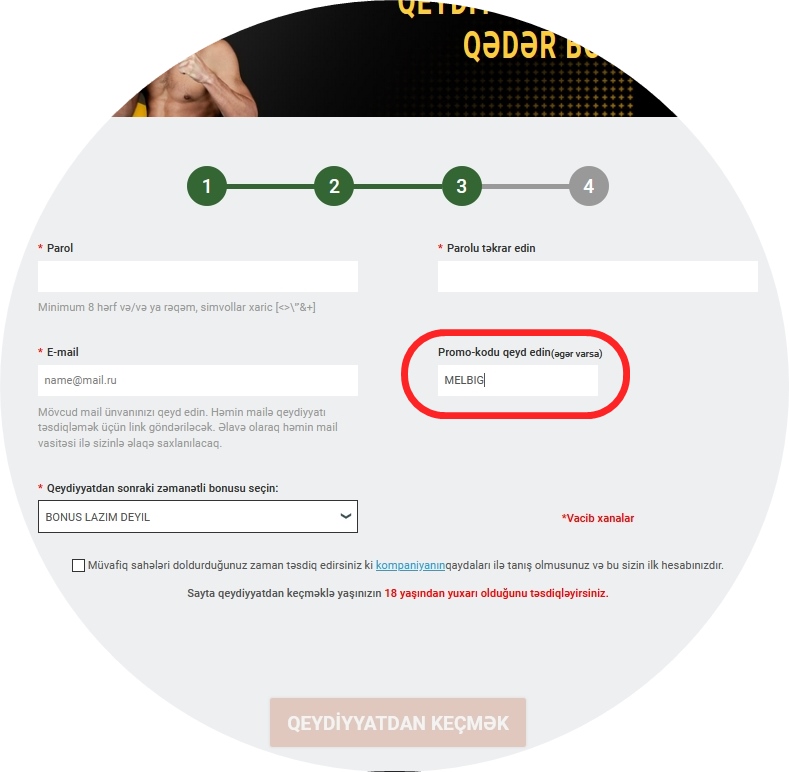 Melbet-də qeydiyyat forması