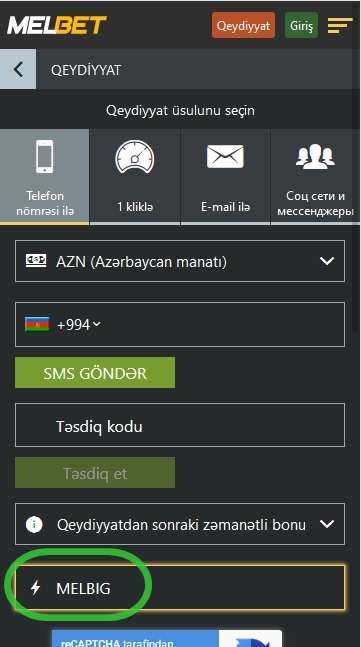 Melbet-də qeydiyyat forması