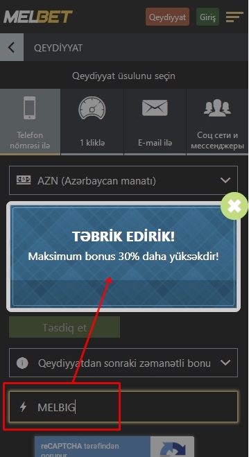 Melbet-də qeydiyyat forması