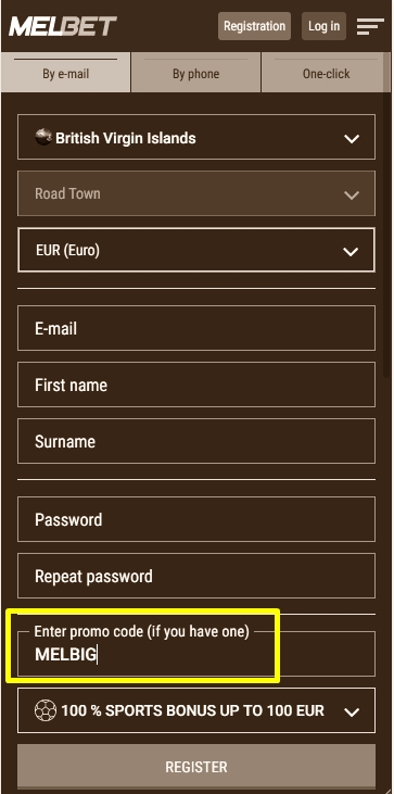 Registration form at Melbet