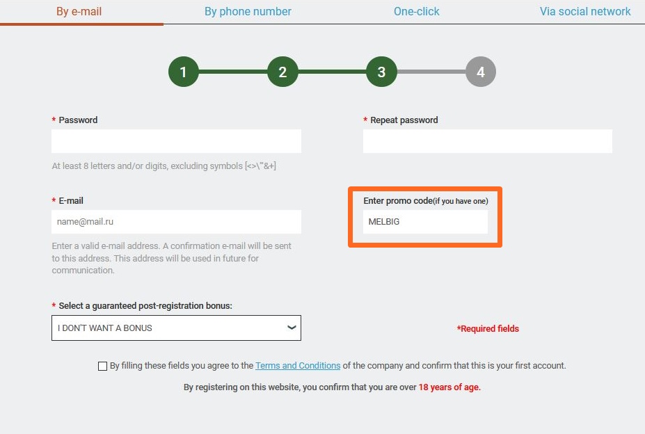 Registration form at Melbet