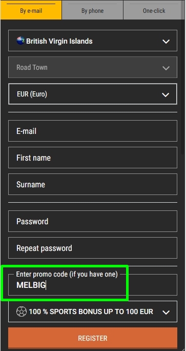 Registration form at Melbet