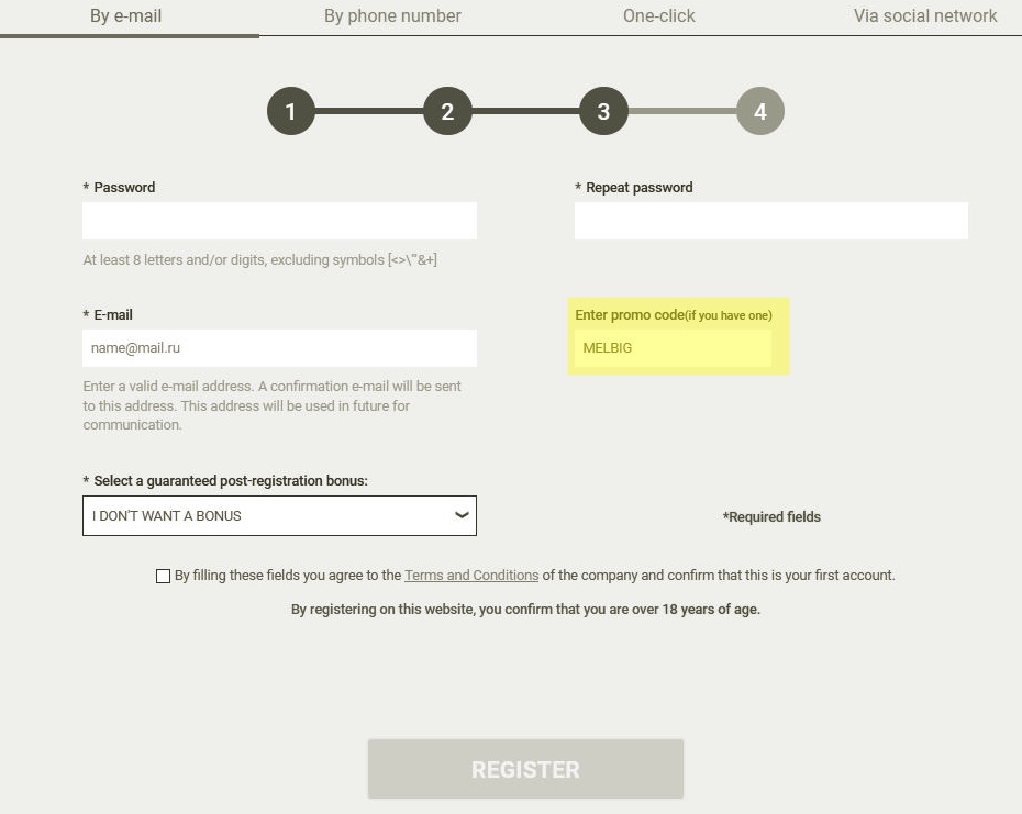 Registration form at Melbet