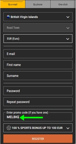 Registration form at Melbet