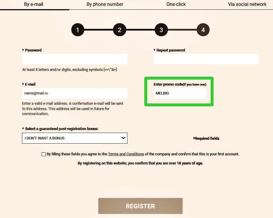 Registration form at Melbet