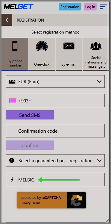 Registration form at Melbet