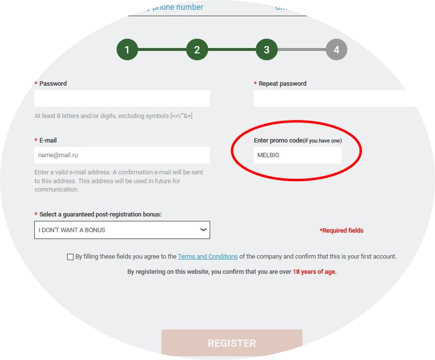 Registration form at Melbet