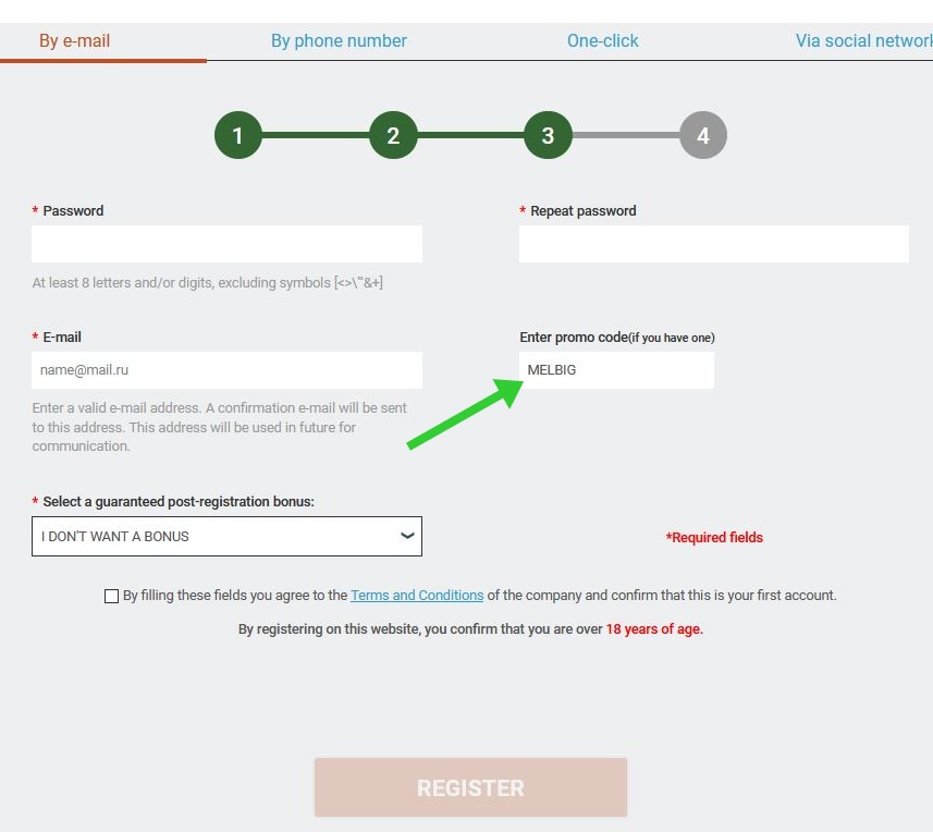 Registration form at Melbet