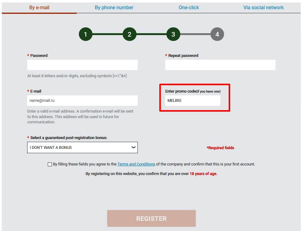 Registration form at Melbet