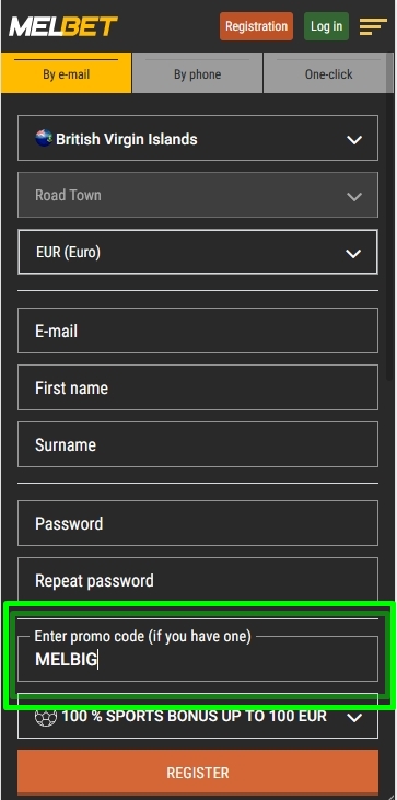 Registration form at Melbet