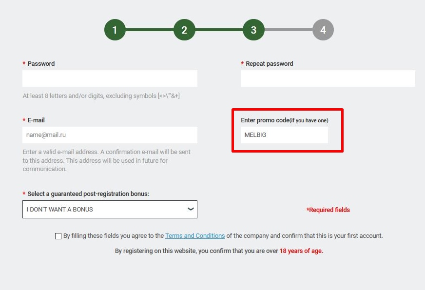 Registration form at Melbet