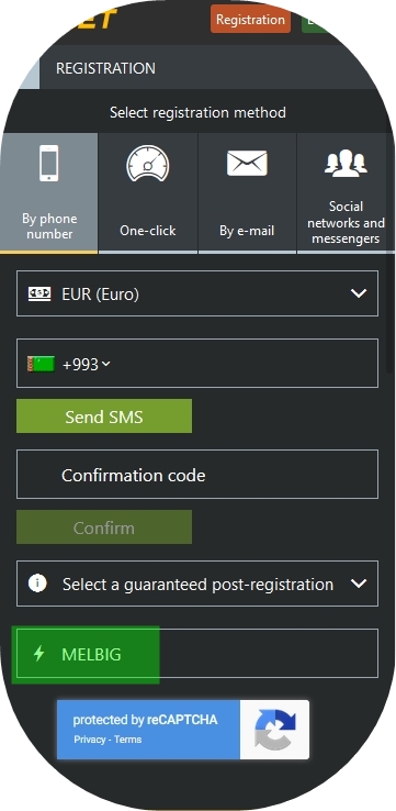 Registration form at Melbet