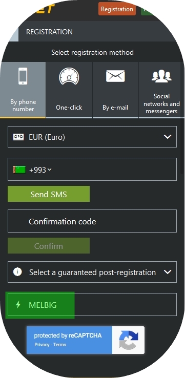 Registration form at Melbet