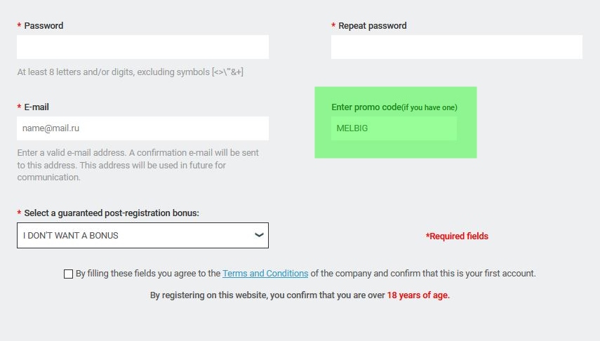 Registration form at Melbet