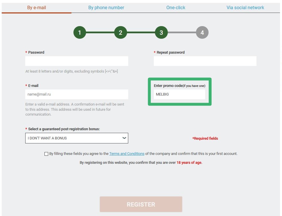 Registration form at Melbet