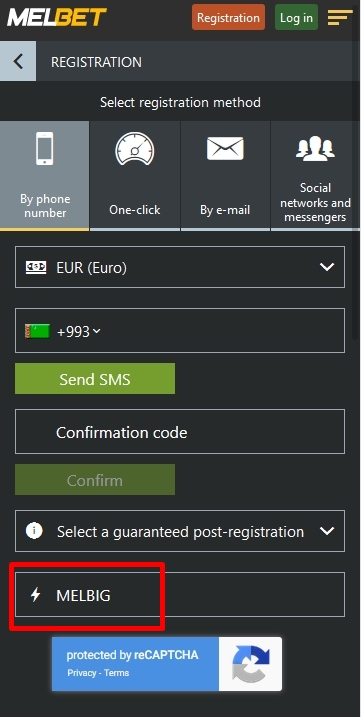 Registration form at Melbet