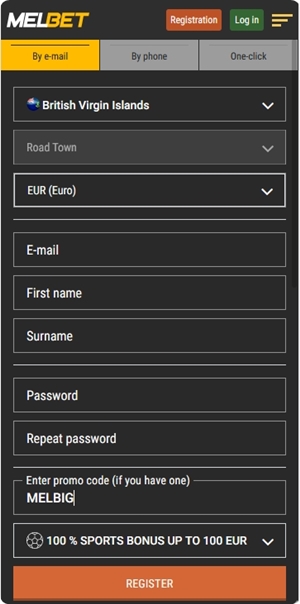 Registration form at Melbet