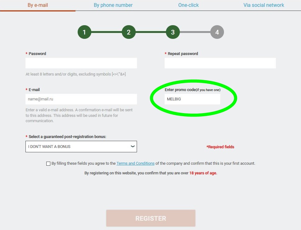 Registration form at Melbet