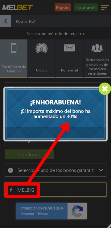 Formulario de inscripción en Melbet