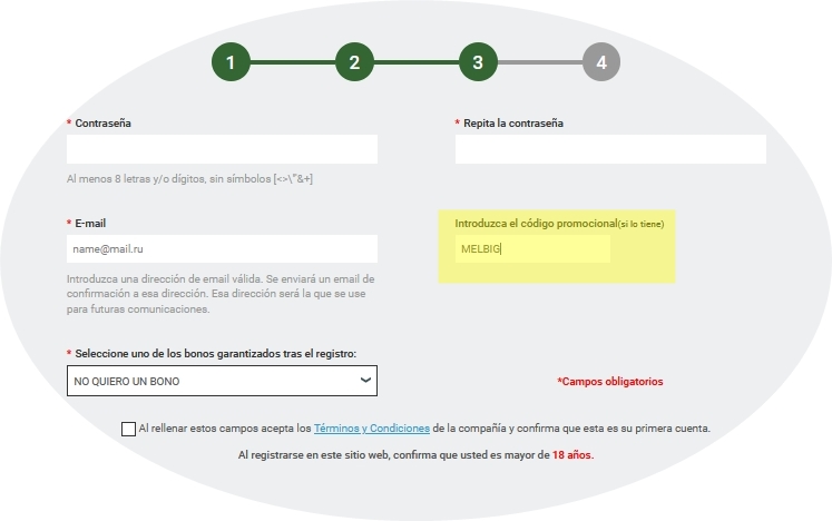 Formulario de inscripción en Melbet