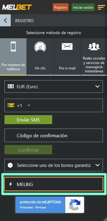 Formulario de inscripción en Melbet