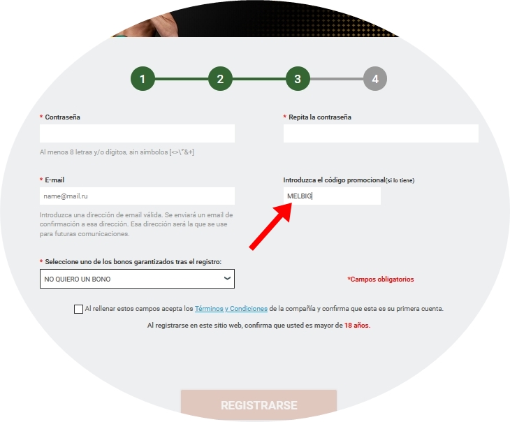 Formulario de inscripción en Melbet