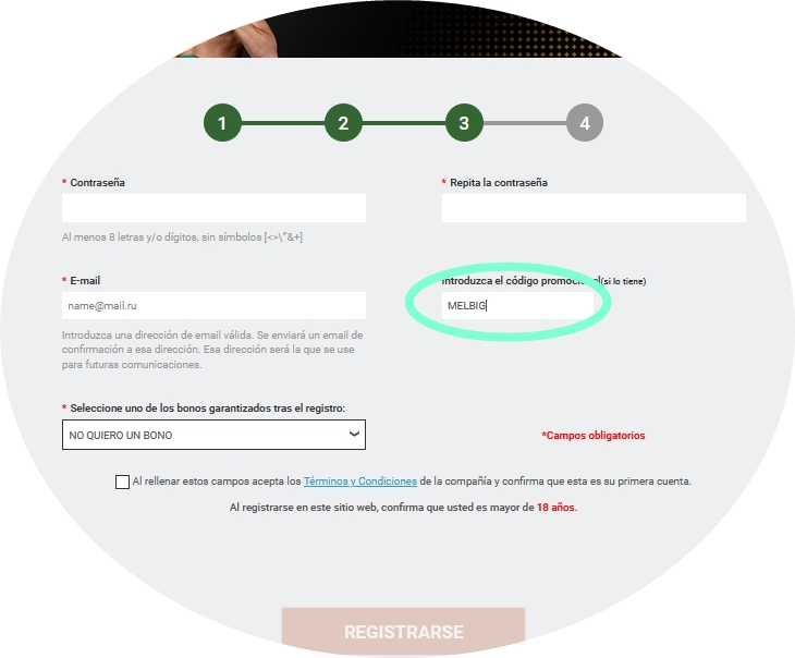 Formulario de inscripción en Melbet