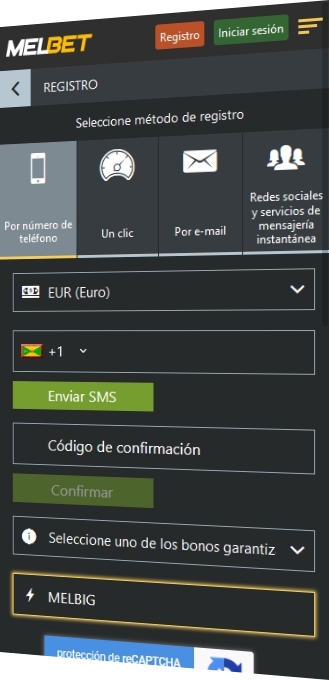 Formulario de inscripción en Melbet
