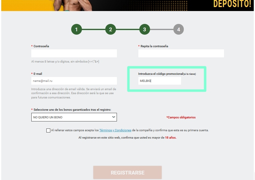 Formulario de inscripción en Melbet