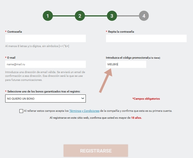 Formulario de inscripción en Melbet