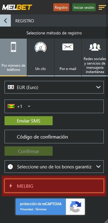 Formulario de inscripción en Melbet