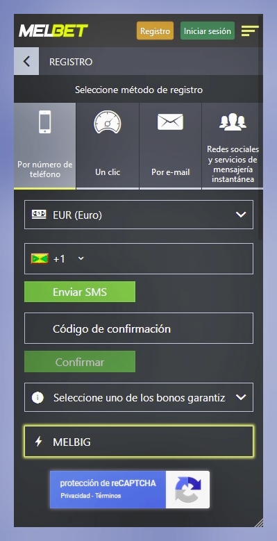 Formulario de inscripción en Melbet