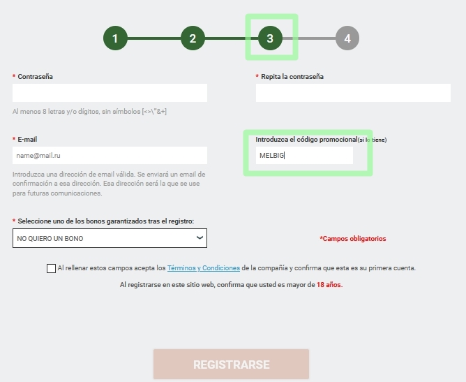 Formulario de inscripción en Melbet